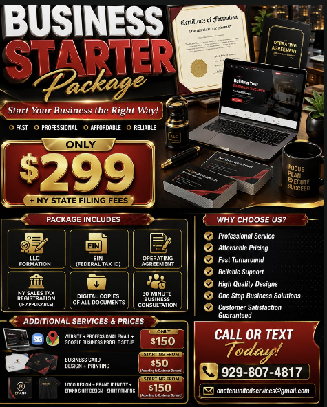 Business Starter Package promotion: $299 plus NY state filing fees, with package inclusions and optional add-on services